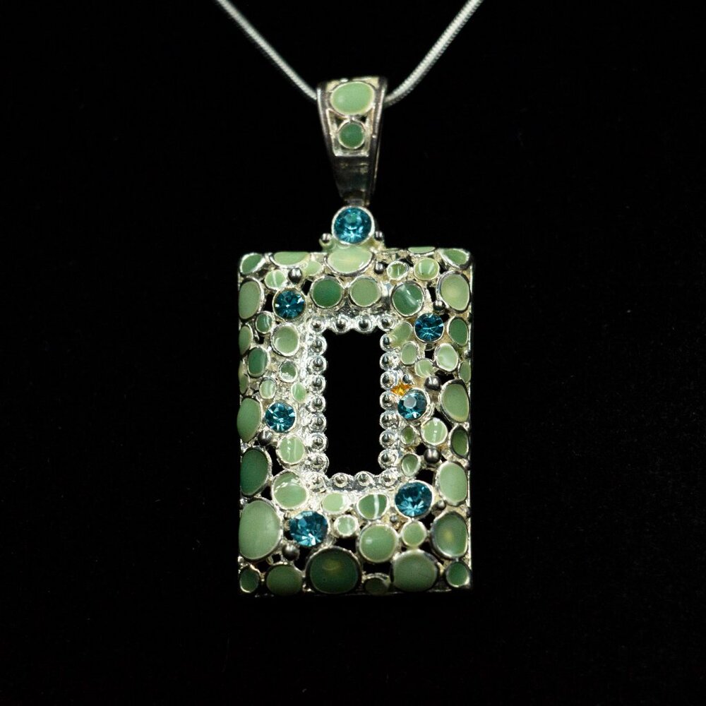 Rectangular Green & Blue Rhinestone Pendant & Pos… - image 2